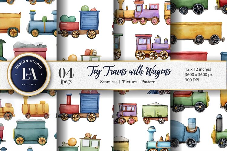 Cartoon Toy Trains Wagons Seamless Artwork Digital Paper example image 1