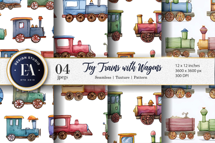 Hand-Painted Toy Trains with Bright Wagons Digital Paper