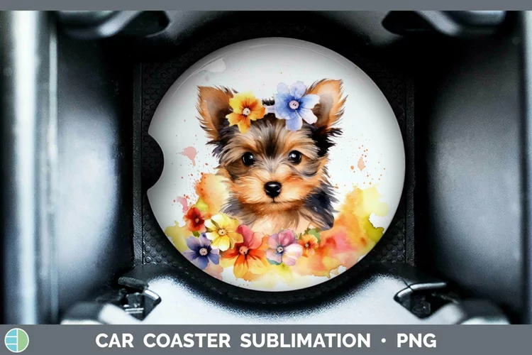 Cartoon Watercolor Yorkshire Terrier Car Coaster | Sublimati