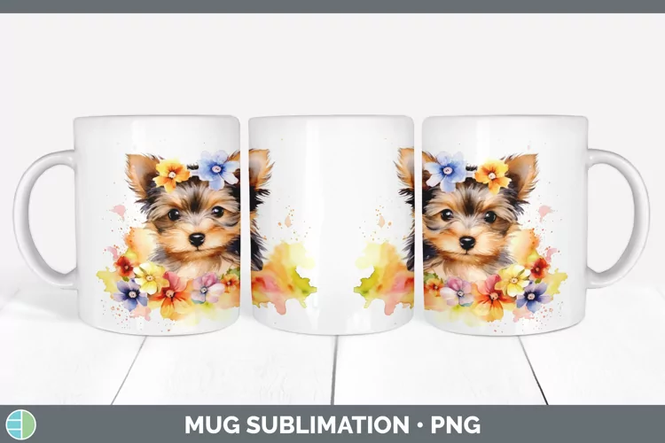 Cartoon Watercolor Yorkshire Terrier Mug Wrap | Sublimation