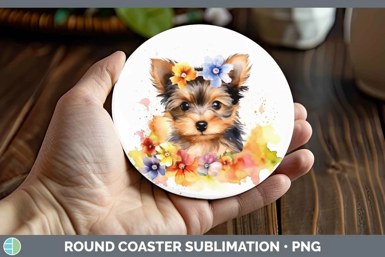Cartoon Watercolor Yorkshire Terrier Round Coaster | Sublima