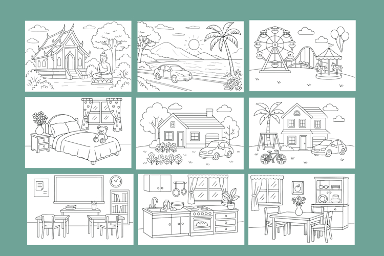9-Page Coloring Set Temple, Beach, Homes & Classroom