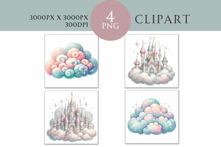 Castle and Cloud Clipart Watercolor PNG