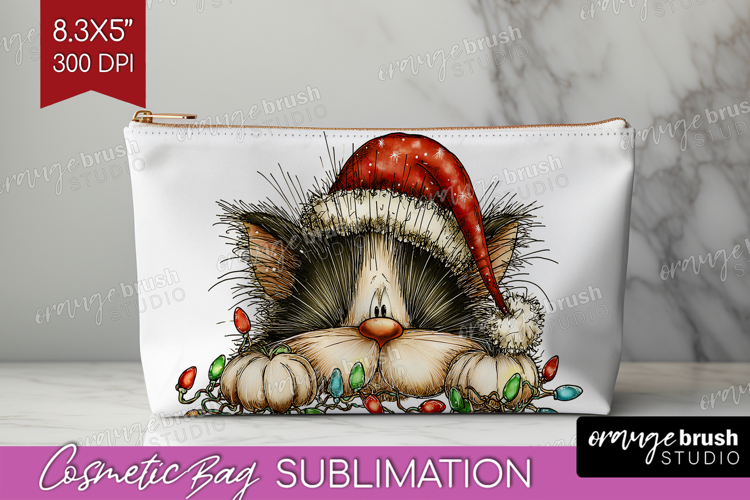 Cat Tangled In Christmas Lights Cosmetic Bag Funny Xmas