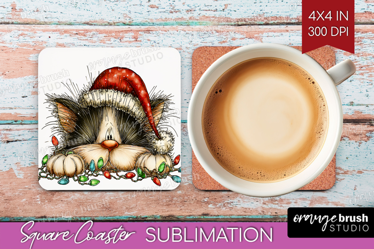 Cat Tangled In Christmas Lights Square Coaster Funny Xmas