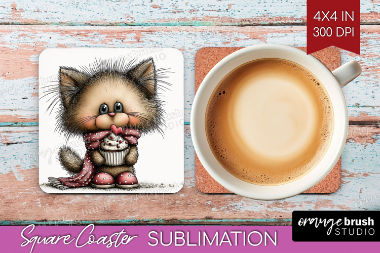 Cat Valentine Square Coaster Whimsical Animal Coaster PNG