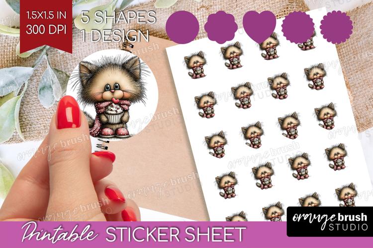 Cat Valentine Round Sticker Whimsical Animal Printable