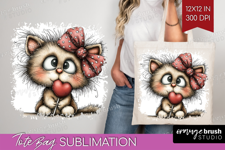 Cat Valentine Tote Bag Whimsical Animal Tote Bag PNG