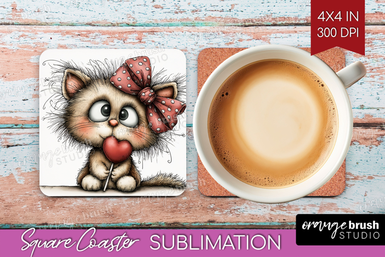 Cat Valentine Square Coaster Whimsical Animal Coaster PNG