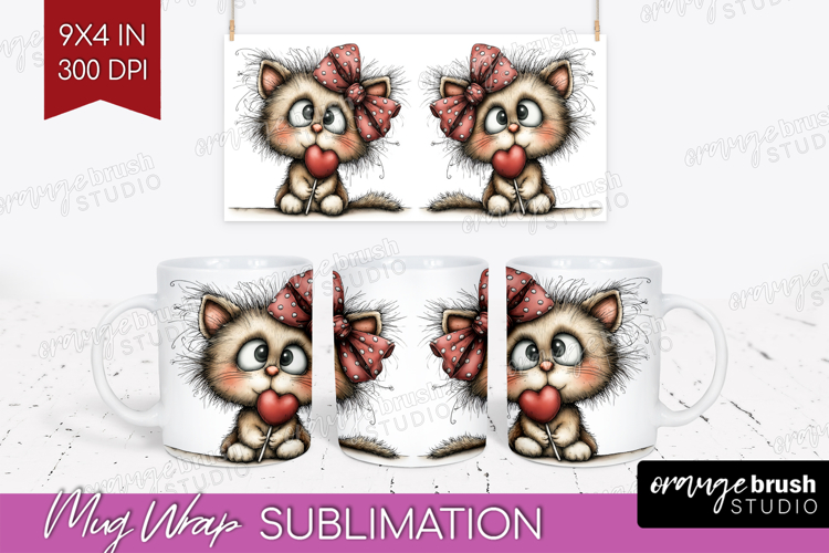 Cat Valentine Mug Wrap Whimsical Animal Mug PNG Sublimation