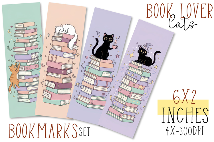 4x Cat and Books Lover Bookmarks, Stack of Books Bookmarks