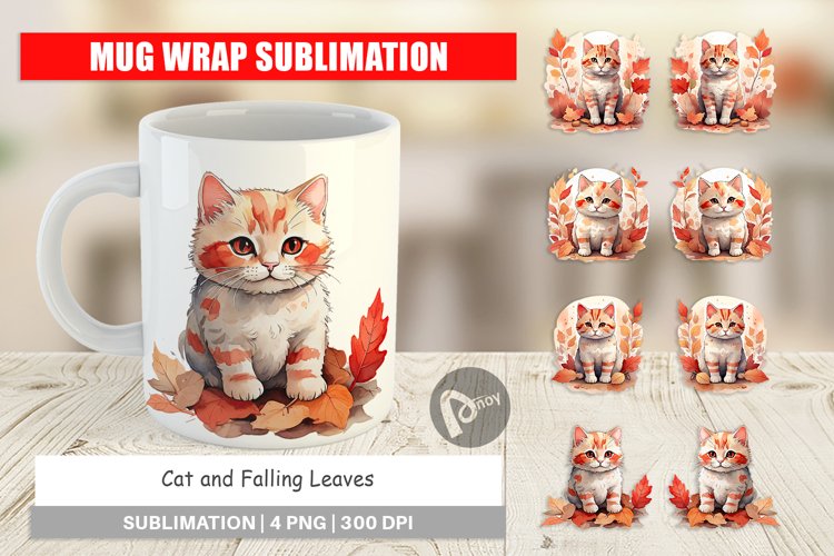 Mug Wrap Design Cat Among Falling Leaves