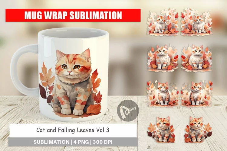 Mug Wrap Design Cat Among Falling Leaves