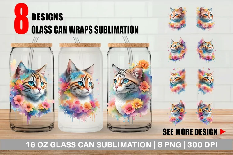 Cat and Flower Glass Can Wraps