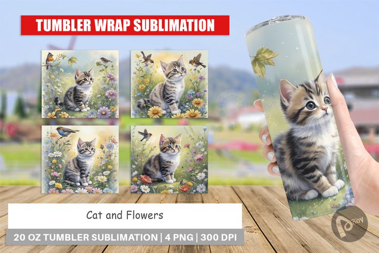 Tumbler Sublimation Wra Cat and Flowersp