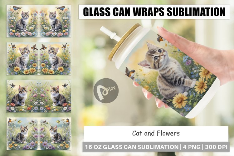 Glass Can Wraps Cat and Flowers