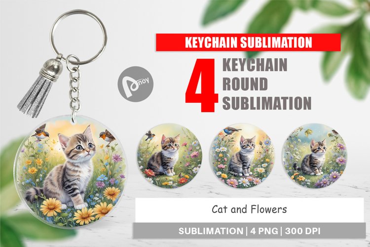 Keychain Cat and Flowers