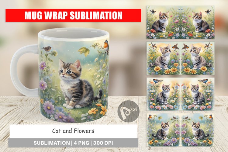 Mug Wrap Design Cat and Flowers