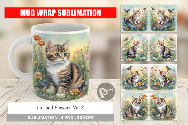 Mug Wrap Design Cat and Flowers