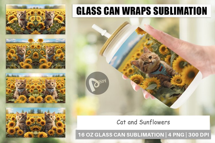Glass Can Wraps Cat and Sunflowers