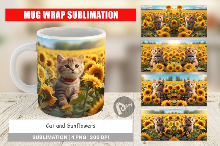 Mug Wrap Design Cat and Sunflowers