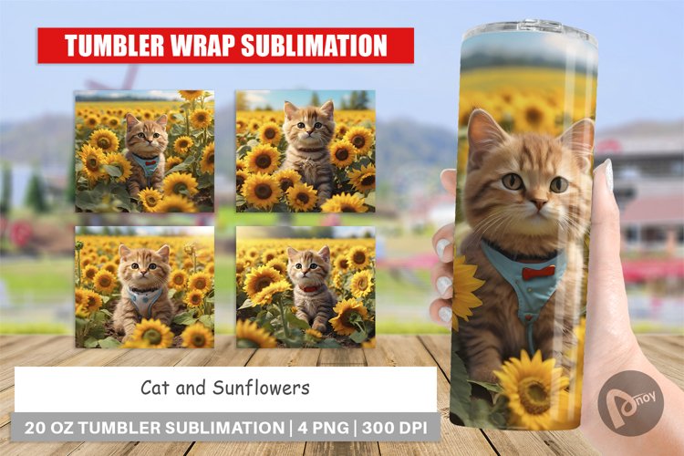 Tumbler Sublimation Wrap Cat and Sunflowers