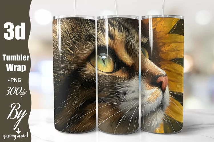 Cat and Sunflowers Tumbler Wrap Watercolor Sunflowers 20 oz