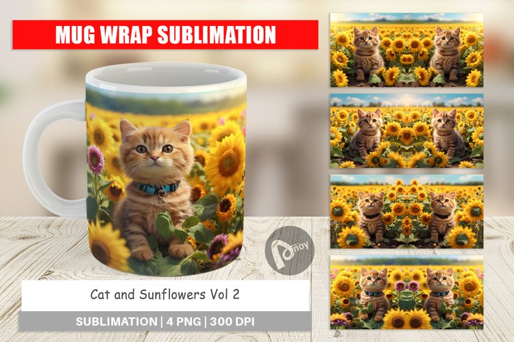 Mug Wrap Design Cat and Sunflowers