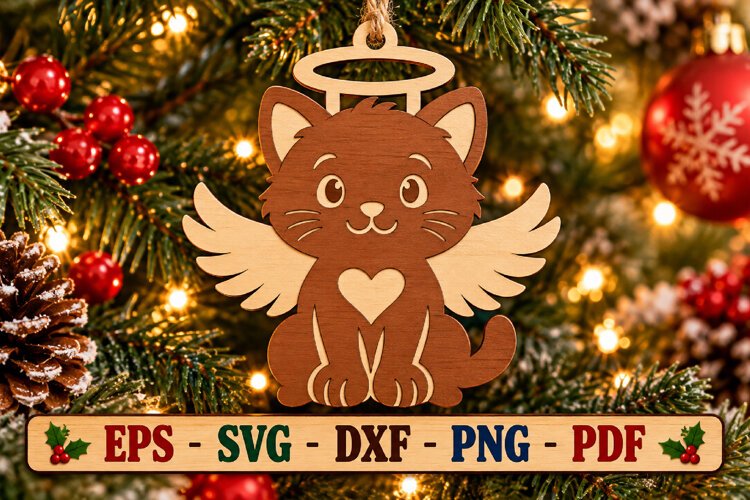 Cat Angel Bauble Laser Cut Wood File, Christmas Ornament SVG example image 1