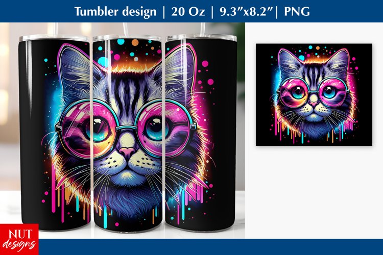 Neon cat in glasses tumbler wrap Smart Cat tumbler 20 oz