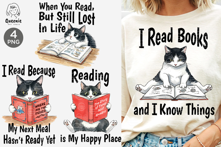 Funny Book Lover Cat Reading Bookworm Sublimation Png
