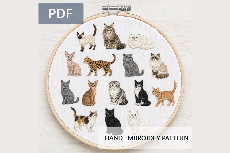 Cat Breeds Hand Embroidery Pattern PDF Cute Feline Hoop example image 1