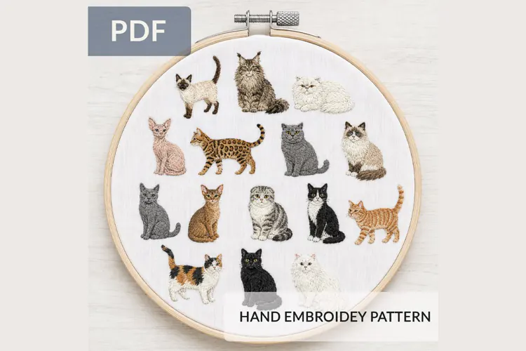 Cat Breeds Hand Embroidery Pattern PDF Cute Feline Hoop