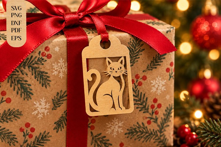 Cat Christmas Gift Tag Laser Cut SVG example image 1