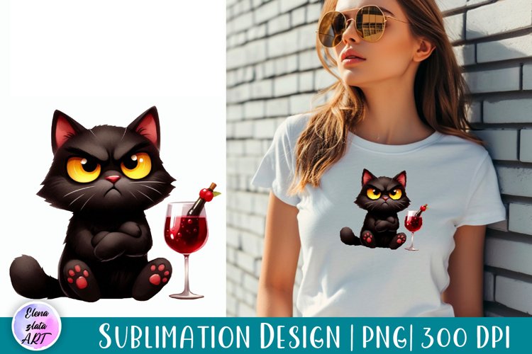 Funny Wine cat, watercolor clipart, Wine Print