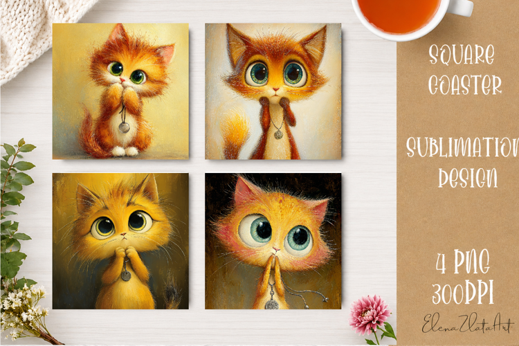 Cute Ginger Cat Coaster | Big Eyes Cat Sublimation PNG