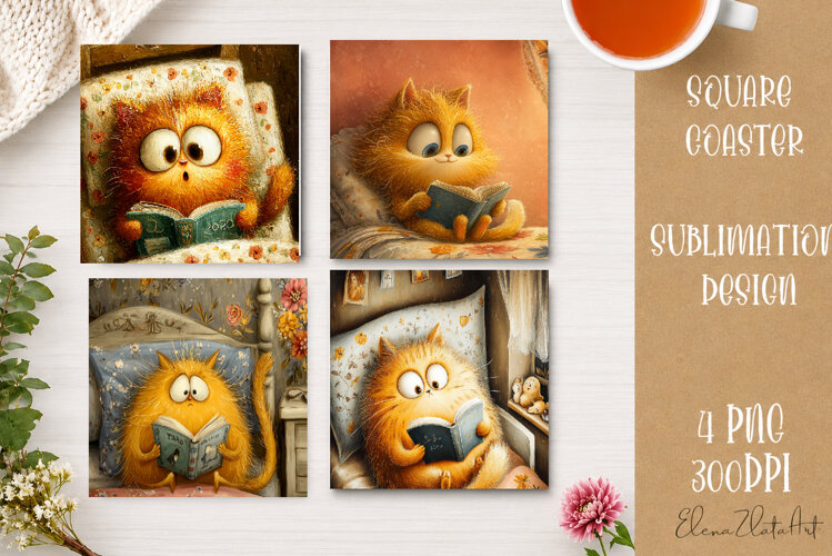 Cute Ginger Cat Coaster | Big Eyes Cat Sublimation PNG example image 1