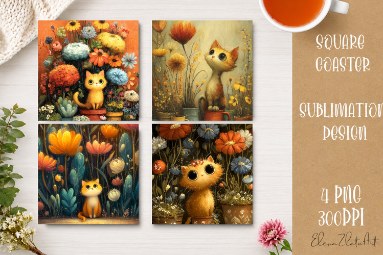Cute Ginger Cat Coaster | Big Eyes Cat Sublimation PNG