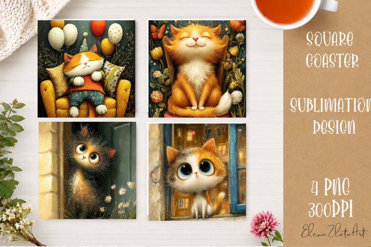 Cute Ginger Cat Coaster | Big Eyes Cat Sublimation PNG example image 1