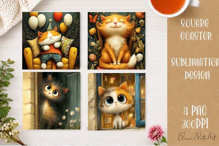 Cute Ginger Cat Coaster | Big Eyes Cat Sublimation PNG