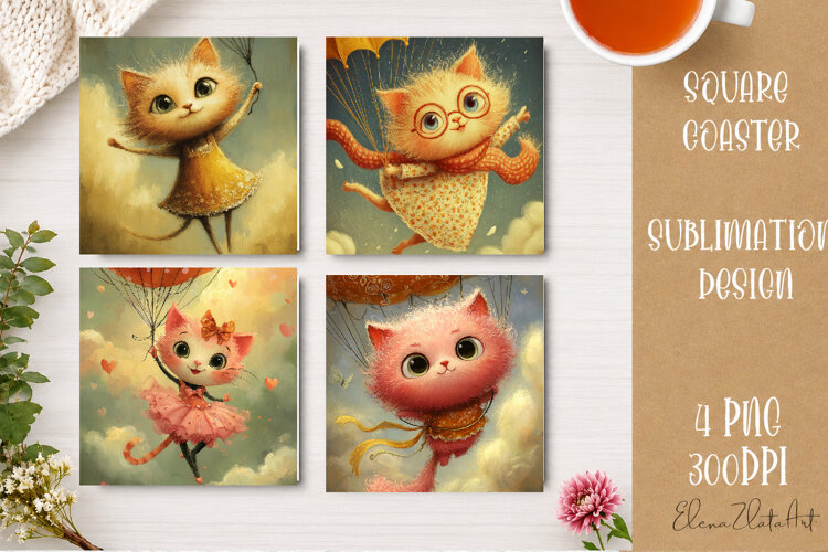 Cute Ginger Cat Coaster | Big Eyes Cat Sublimation PNG example image 1