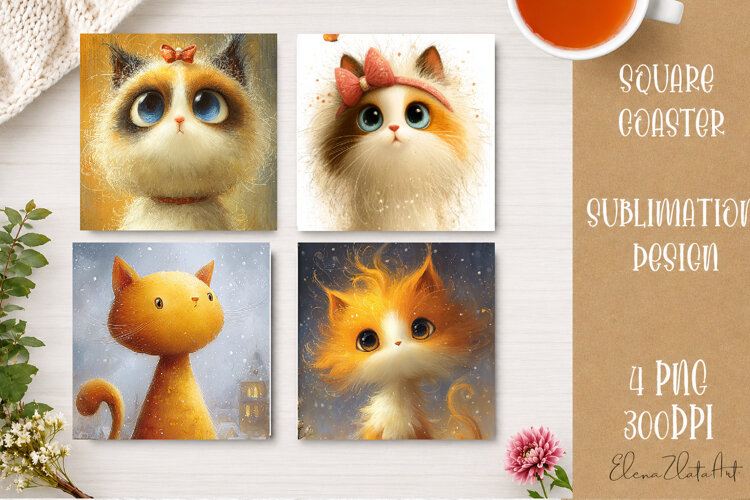 Cute Ginger Cat Coaster | Big Eyes Cat Sublimation PNG example image 1