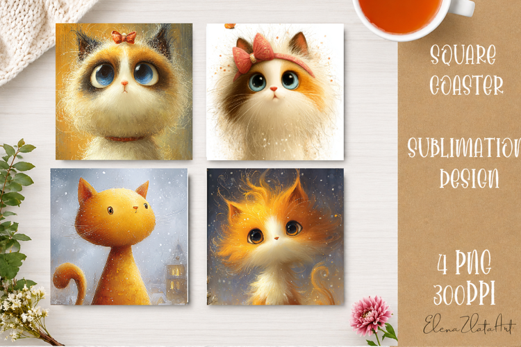 Cute Ginger Cat Coaster | Big Eyes Cat Sublimation PNG