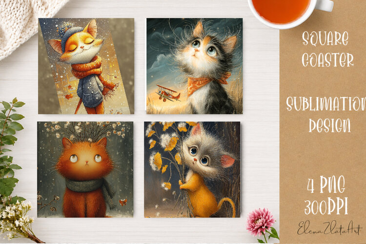 Cute Ginger Cat Coaster | Big Eyes Cat Sublimation PNG example image 1