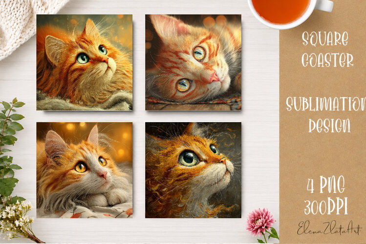 Cute Ginger Cat Coaster | Big Eyes Cat Sublimation PNG example image 1