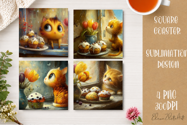 Cute Ginger Cat Coaster | Big Eyes Cat Sublimation PNG