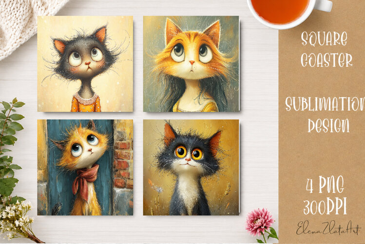 Cute Ginger Cat Coaster | Big Eyes Cat Sublimation PNG example image 1