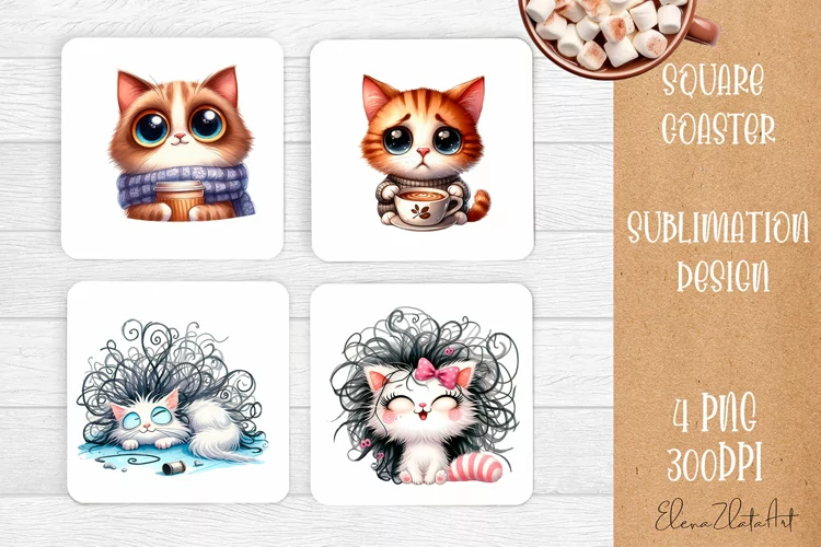 Funny cat Coaster Sublimation | Cat Square Coaster
