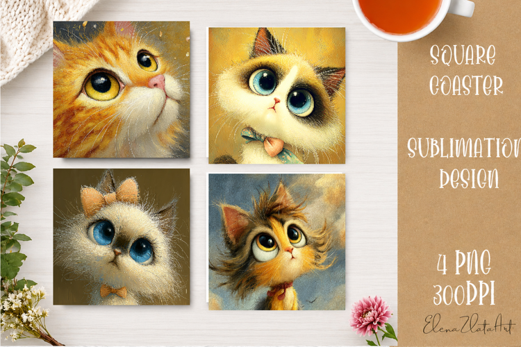 Cute Ginger Cat Coaster | Big Eyes Cat Sublimation PNG