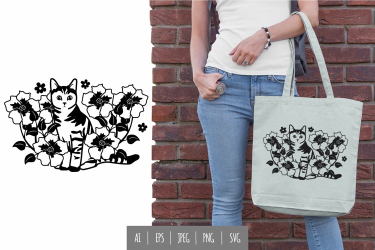 Tabby Cat Sitting in The Middle of Flower Bush SVG Design example image 1